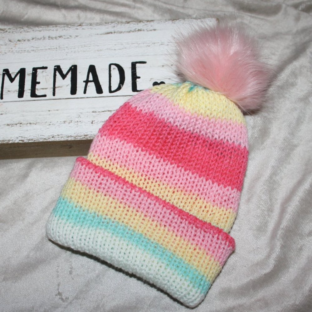 💗 PINK + YELLOW FUR POM BEANIE · 12–18 MO 💛